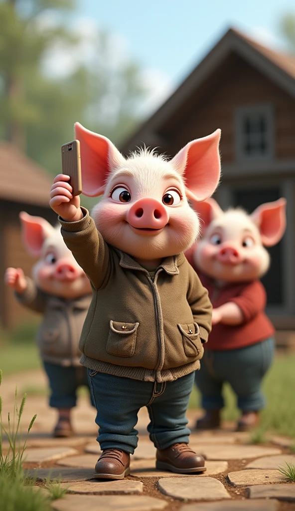 "A piglet, dressed in adult clothing, is taking a selfie. The generated image by the AI should be the actual selfie that the piglet is capturing, showing him in the foreground as if holding the phone. In the background, two other piglets in adult clothing are smiling and posing. All three piglets have a realistic yet caricatured look, as if they were people transformed into pigs, with intelligent expressions. The scene is outdoors with rustic cabins visible in the background. The phone itself does not appear in the image, but the perspective is captured as if it were the selfie being taken by the piglet in the front."
