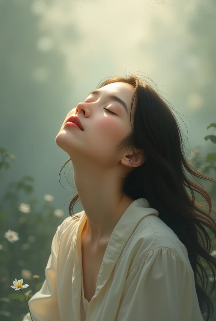a person looking up with a peaceful expression, feeling comforted.