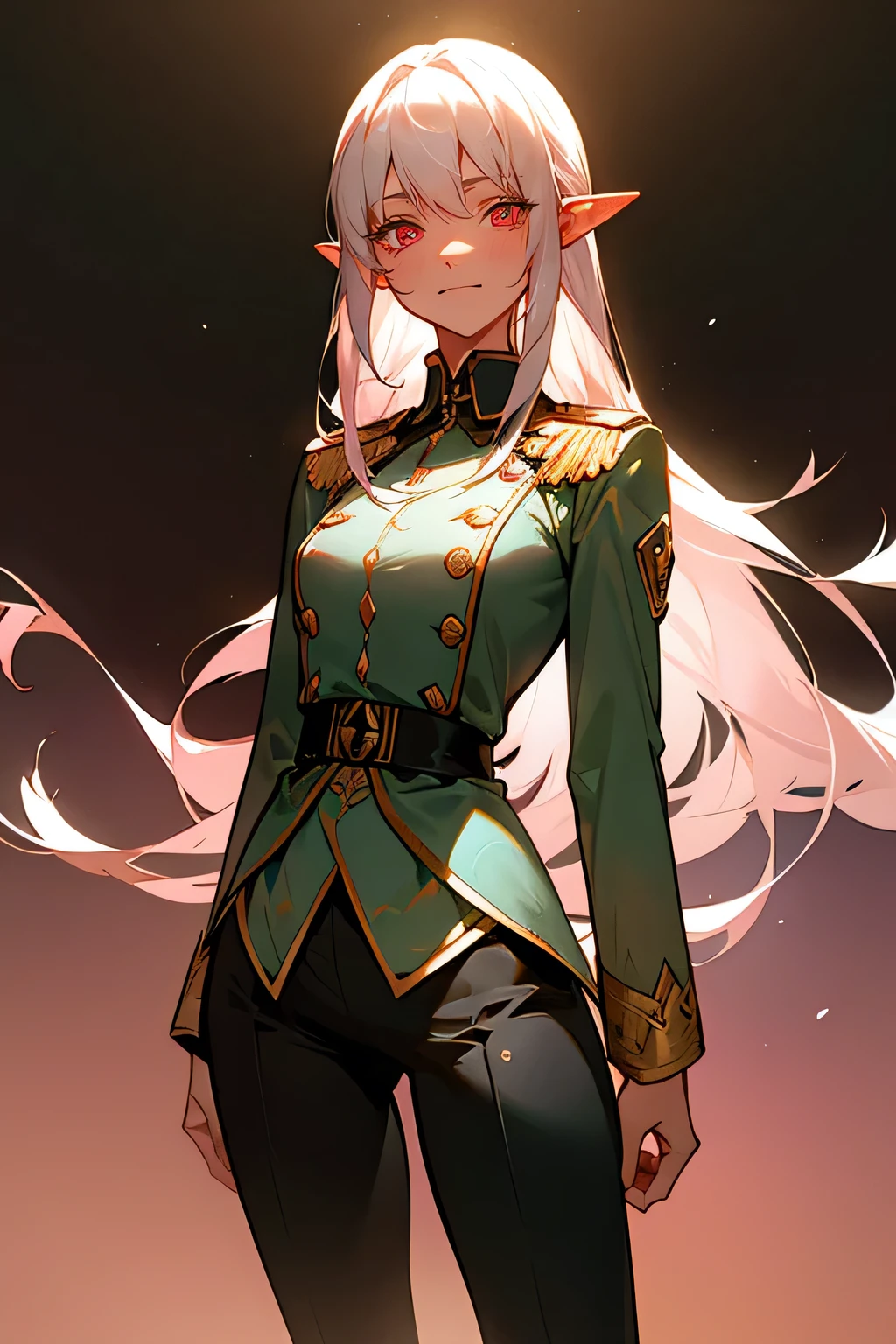 tsundere elf, long hair, White hair, (pink eyes), pointy ears, elfo, White hair, ssmile、cloused mouth、absolute reference to the center、bonitas, no matter who looks、arms behind the back,clavicle,military dress uniform、absolute reference to the center、all-body, standing alone,cinematic lighting、cowboy shot、Beautiful thighs、high-detailed face, perfect lighting, highly detailed CG, (perfect hands, Perfect Anatomia, one girl, expression of happiness, roupa conservadora militar