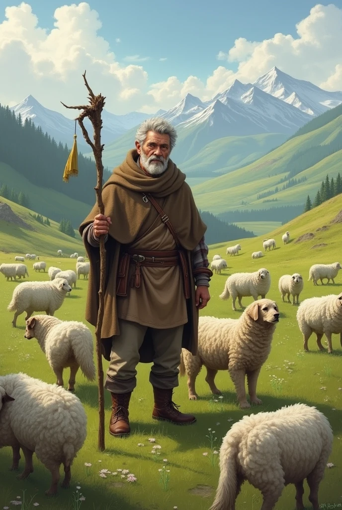 a shepherd with dogs and sheep