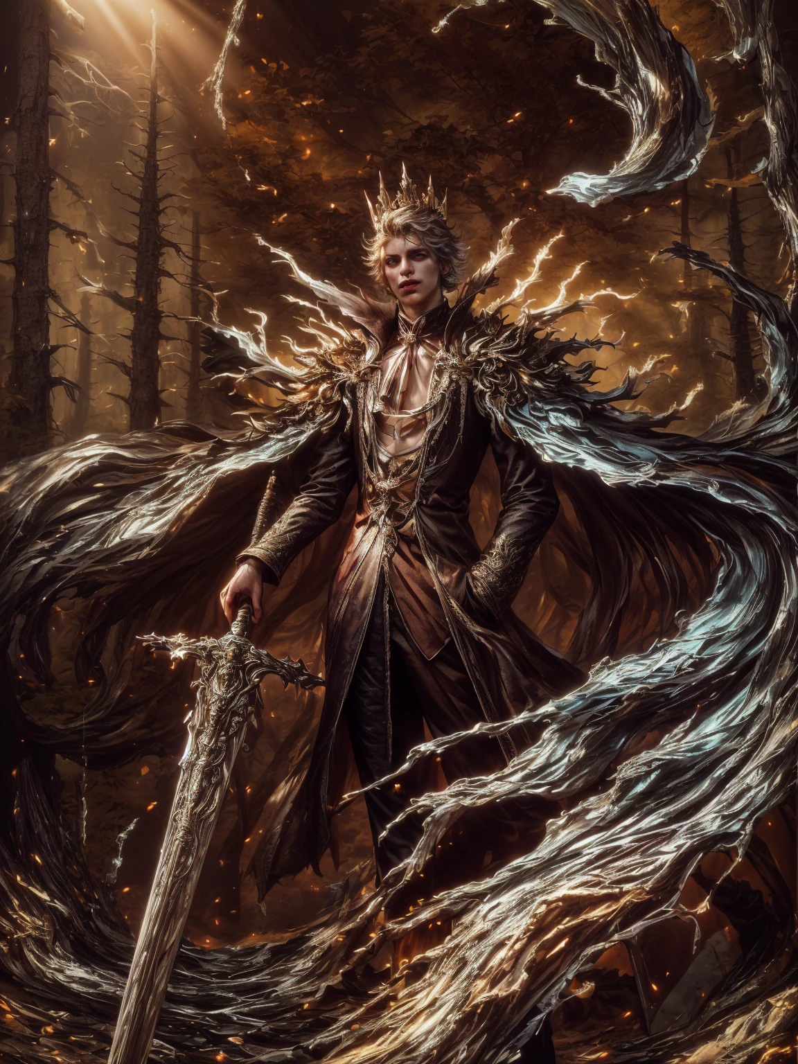 imagem de um vampiro masculino com uma espada em uma floresta, senhor vampiro, arte de estilo fantasia sombria, e Mumford Tom Bagshaw, uma ilustração de fantasia sinistra, governante do inferno, in style of arte de fantasia sombria, vampiro do clã lasombra, design de personagens de fantasia sombria, arte de fantasia sombria, lindo deus masculino da morte, arte de fantasia gótica. Extremely detaild, 8K, HDR, natural light, cinematic lighting, masterpiece-anatomy-perfect, Ultra HD, RAW photo, metallic, professional, ultra-fine painting, perfect body proportions, anatomically correct, uhd, real texture material, Anti-Aliasing, FKAA, TXAA, SSAO, Post Processing, Post Production, Tone Mapping, CGI, VFX, SFX, Hyper maximalist, Volumetric, ultra photorealultra-detailed intricate details.