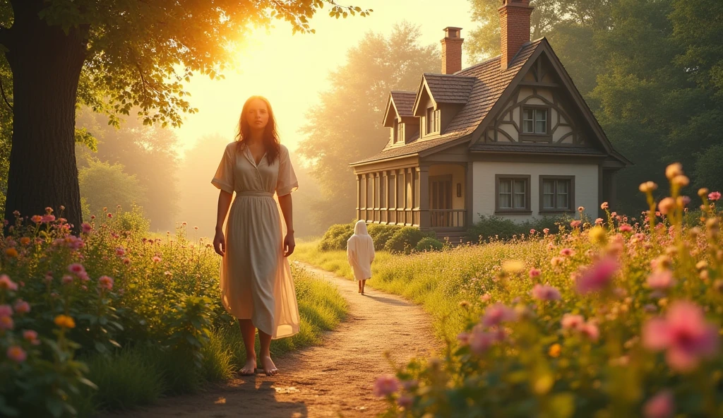 Create a cinematic scene that captures the essence of the Bible verse 'Surely goodness and mercy shall follow me all the days of my life; and I will dwell in the Lord's house for many days.'The image should portray a serene and calming landscape, with soft sunset light filtering through leafy trees, lighting a path leading to a beautiful and welcoming country house, symbolizing the 'house of the Lord'. In the foreground, include a person with a calm and confident expression, walking along the path, surrounded by vibrant flowers. The shadows of ethereal figures, representing kindness and mercy, must be visible behind the person, creating a feeling of protection and divine presence. The environment should evoke peace, hope and the certainty of a radiant future."