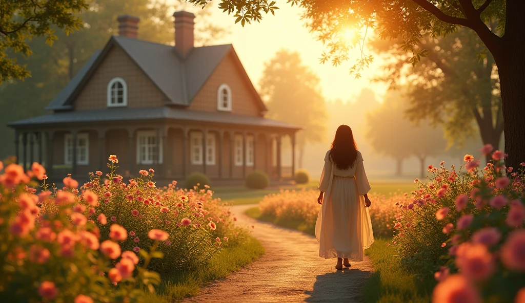 Create a cinematic scene that captures the essence of the Bible verse 'Surely goodness and mercy shall follow me all the days of my life; and I will dwell in the Lord's house for many days.'The image should portray a serene and calming landscape, with soft sunset light filtering through leafy trees, lighting a path leading to a beautiful and welcoming country house, symbolizing the 'house of the Lord'. In the foreground, include a person with a calm and confident expression, walking along the path, surrounded by vibrant flowers. The shadows of ethereal figures, representing kindness and mercy, must be visible behind the person, creating a feeling of protection and divine presence. The environment should evoke peace, hope and the certainty of a radiant future."