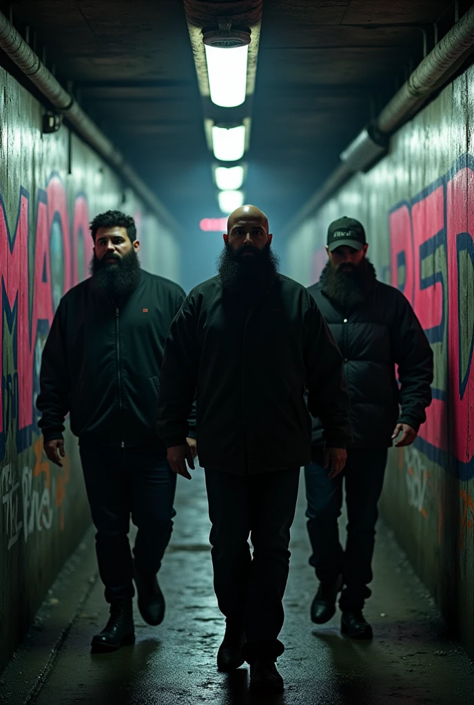 Dark subway tunnel with 90s graffiti that says MAD RED, 3 bearded men walking whose faces can't be seen, one is fat, He weighs 140 lbs, the other two are thin