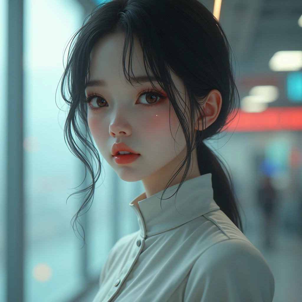 (1 girl:1.3), One, __Body parts__ Delicate and realistic skin, pale skin, big, official art, 16k Unified Wallpapers, ultra detail, beauty and aesthetics, beauty, masterpiece, Best quality, in Cyberpunk City, fantastic atmosphere, Calm color palette, peaceful mood, soft shadows, Flight Attendant Uniform, Glamour, tears