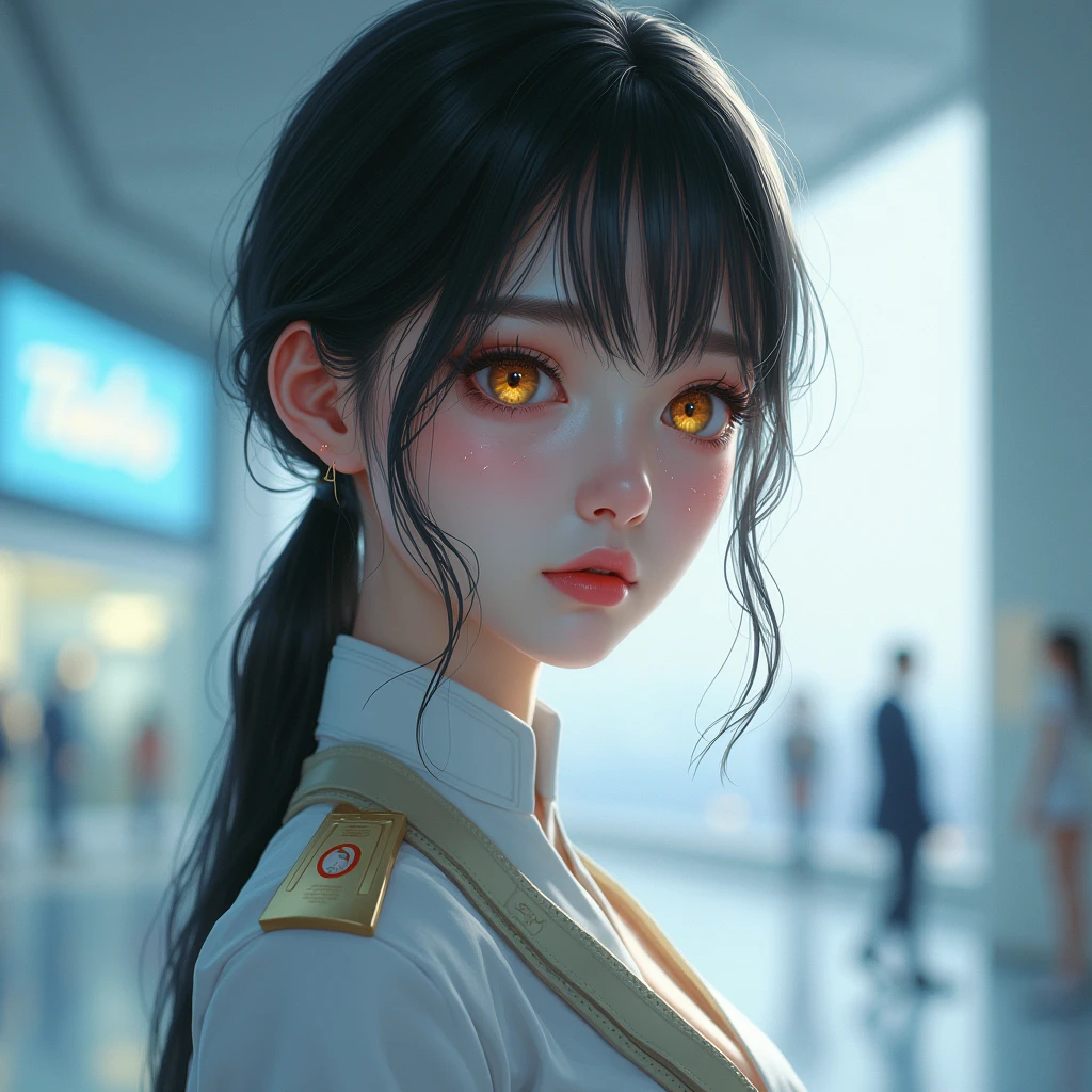 (1 girl:1.3), One, __Body parts__ Delicate and realistic skin, pale skin, big, official art, 16k Unified Wallpapers, ultra detail, beauty and aesthetics, beauty, masterpiece, Best quality, in Cyberpunk City, fantastic atmosphere, Calm color palette, peaceful mood, soft shadows, Flight Attendant Uniform, Glamour, tears