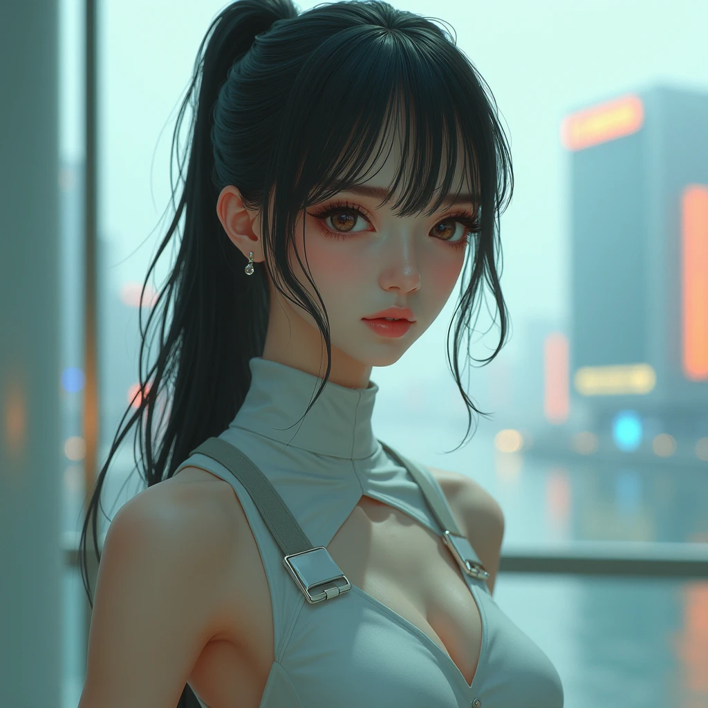 (1 girl:1.3), One, __Body parts__ Delicate and realistic skin, pale skin, big, official art, 16k Unified Wallpapers, ultra detail, beauty and aesthetics, beauty, masterpiece, Best quality, in Cyberpunk City, fantastic atmosphere, Calm color palette, peaceful mood, soft shadows, Flight Attendant Uniform, Glamour, tears