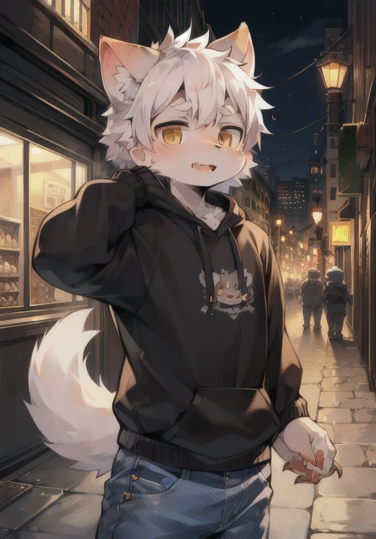 hairy,,hairy,Gray fur,male,White cat,individual,Sharp claws, Fine fur, Gold Eyes,hairy的尾巴,Sweatshirt,jeans,Ultra Detailed:1.0,City Streets,Detailed background,boy,Toddler,(by Dagasi:1.1),Anatomically correct