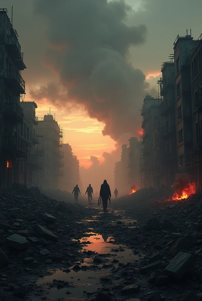 A post-apocalyptic landscape filled with scenes of destruction and chaos. Dilapidated buildings, fires and dark clouds dominate the scene, with some shadowy figures running away in the background.
