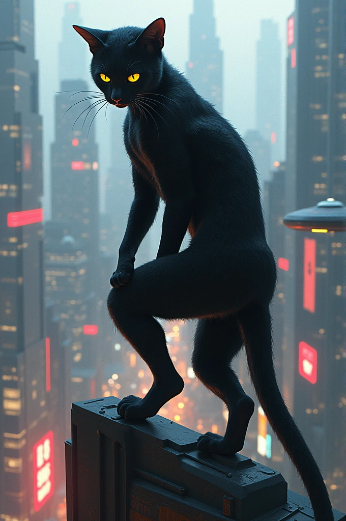 Cat ninja in a future city。On top of a building。Ox Three Times。Real。Lively。