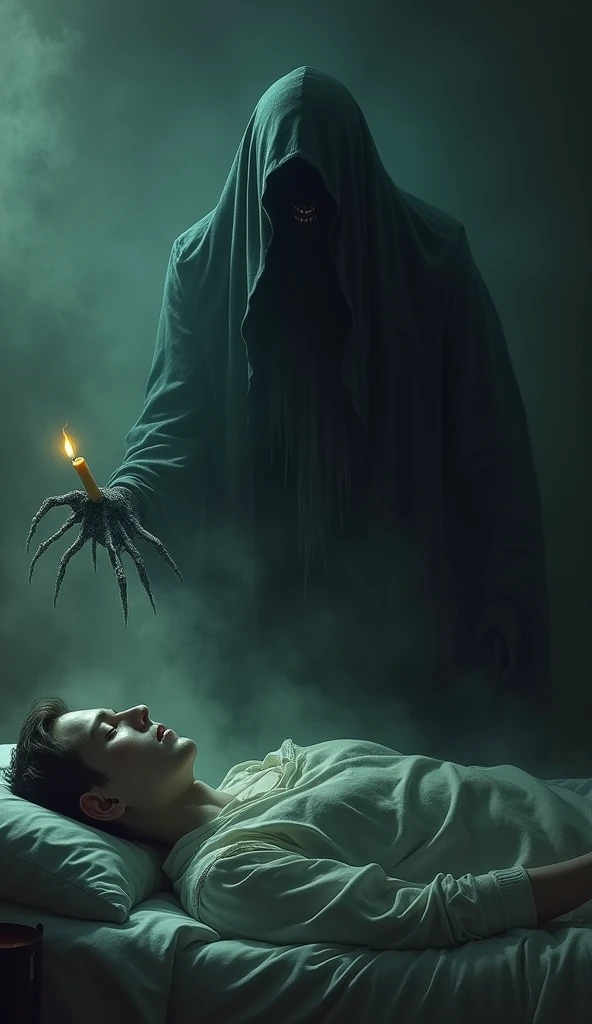 A chilling scene of the Bell Witch standing over a sleeping figure, her hand reaching out with dark, supernatural energy