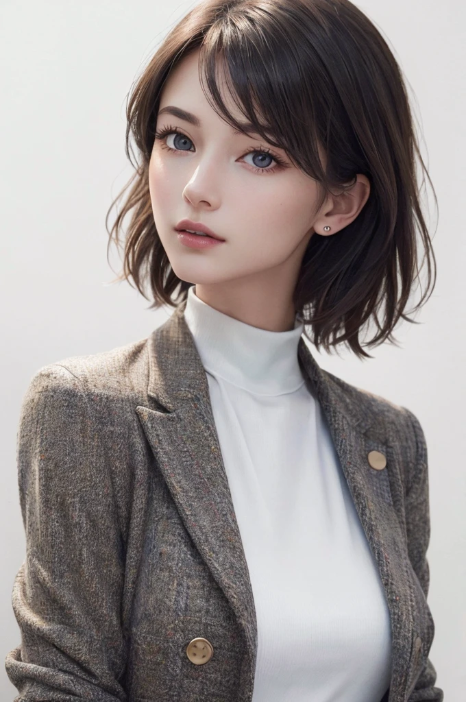 8K Ultra HD、RAWphotograph、モデルphotograph撮影、 European Fashion、(masterpiece、Highest quality、Realistic、High resolution、photograph:1.3)、close、focus on、Hot Model、slim、30 year old mature woman、Small face、No makeup、short hair、Beautiful dark brown Hayne eyes、Genuineスキン、(Perfect body)、Sexy hot face、sexual sight、slim、Tweed jacket、Long sleeve、High neck shirt、Button up,Beautiful eyes in every detail、Glossy lips、((Bright light、Dynamic Lighting、Genuine、超Genuine、 realism、Genuineなディテール、Cool Beauty、Cool pose、Background white、Plain white background