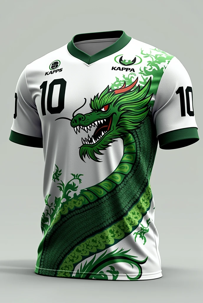 The shirt is white with green and black details. The dragon is located on the front, On the left side, occupying a large part of the chest. the number "10" appears on the back and on the lower right front. There is space for the player's name above the number on the back. The shirt also has the Kappa logo on the sleeves and chest, Beyond the symbol "Crows" on the right side of the chest.

