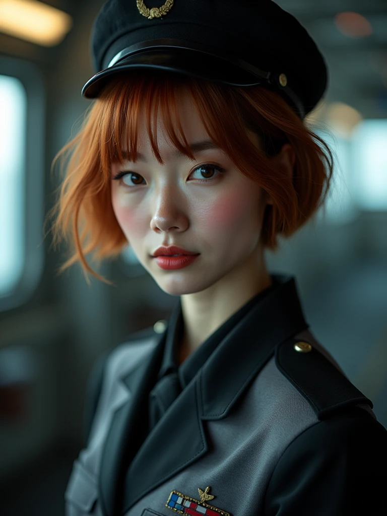 (Model shooting style), Lonely, Shiny Hair、 Extremely rich facial detail, 美Shii目, Slightly red cheeks，bright, さびShii目, Stunning beauty, (Rembrandt Lighting), ARRI Lenses, Surreal, (Skin with attention to detail:1.2),8k,ARRI ALEXA 35,White Promist, Dramatic Rim Light, high quality,とても繊細で美Shii, 素晴らShii, In detail, masterpiece, Very detailed, High resolution,Best Shot, Best Shadow,Complex,Sharp focus, high quality, alone.cute,美Shii肢体、Flexible muscles、美Shii尻、Lens flare,Beautiful breasts,Cool eyes,Glossy Lips,smile,Glowing Skin,Cinematography, Portrait Photography, 

Earth Federation Forces。Lieutenant Matilda。Short reddish-brown hair。Black and gray two-tone uniform。Dark Eyes。Red Rouge。brightグレーのUniform capに地球連邦軍のエンブレム、Black brim。Uniform cap。
sexly。Slender。
Military ship 、Command Room。
Beauty。Beautiful breasts。Is saluting。In the left hand is the evaluation file.。
masterpiece、Highest quality、8k、uhd、High definition、Fine skin quality。Realistic、
From the waist up
(Is saluting。)(Holding a file notebook under the arm。)Rin々Shii。The charm of an adult woman。