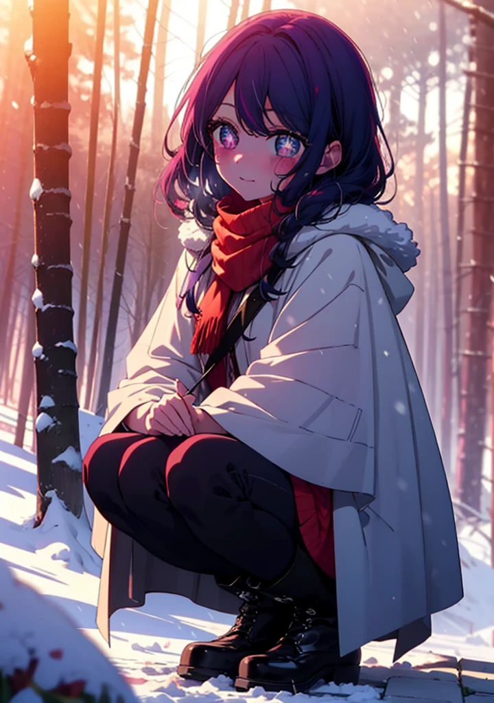 aihoshino, Ai Hoshino, Long Hair, bangs, (Purple eyes:1.1), Purple Hair, (Symbol-shaped pupil:1.5), smile,,smile,blush,white breath,
Open your mouth,snow,Ground bonfire, Outdoor, boots, snowing, From the side, wood, suitcase, Cape, Blurred, , forest, White handbag, nature,  Squat, Mouth closed, Cape, winter, Written boundary depth, Black shoes, red Cape break looking at viewer, Upper Body, whole body, break Outdoor, forest, nature, break (masterpiece:1.2), Highest quality, High resolution, unity 8k wallpaper, (shape:0.8), (Beautiful and beautiful eyes:1.6), Highly detailed face, Perfect lighting, Extremely detailed CG, (Perfect hands, Perfect Anatomy),