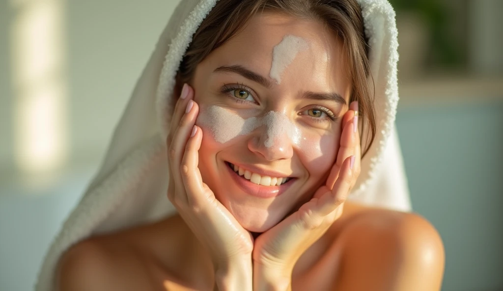 A young women, embodying the essence of proper skin cleansing, radiates a sense of purity and rejuvenation. Her serene environment complements her self-care routine. The mood captures tranquility and freshness, resonating with a feeling of renewal. Artists like Renoir and Monet have portrayed similar themes. To capture this image, set the camera to a soft focus, warm lighting, and a gentle vignette effect.