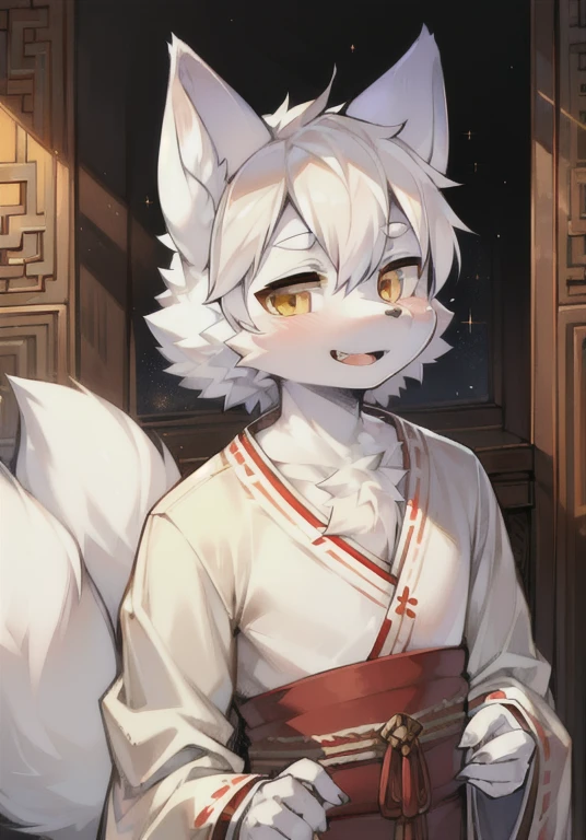 (Best image quality),(masterpiece),(((The only person))),(Very detailed),(Male Arctic fox:1.5), (White skin:1.3), hairy,(White fur:1.3),((Golden Eyes)) ,(Gray ears),(hairy动物耳朵),((Wearing ancient Chinese robes)),Open your mouth slightly,Smile,Small fangs,In the Chinese room,Natural Lighting,Complex background,Delicate face,Details on the face,character focus,Detailed clothes,Depth of Field,Perfect lighting,Light Particles,Clear focus,Light Particles,Solitary,Front view,Above chest