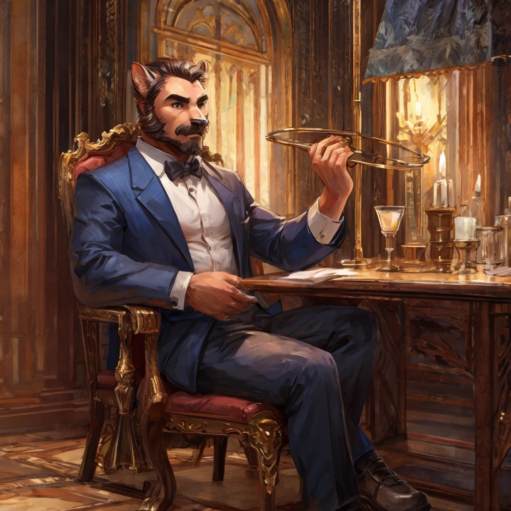 A man is sitting on a chair.