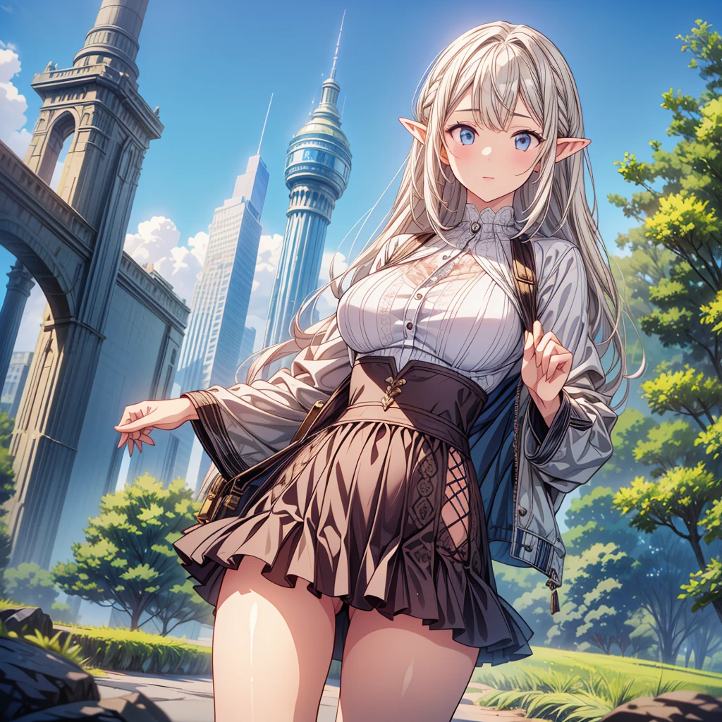 16K, Extensive details, ((Intricate details))) Vast Sky,Many trees with intertwined trunks々Field,Beautiful sky,Level 15,Rocky surface, (Realistic), art (((Claude Lorraine))), J.R. Tolkien type [Sharp focus], (High resolution), (8k), (Gigapixel), (masterpiece), A beautiful elf girl standing, (best quality,4k,8k,highres,masterpiece:1.2),ultra-detailed,(realistic,photorealistic,photo-realistic:1.37),