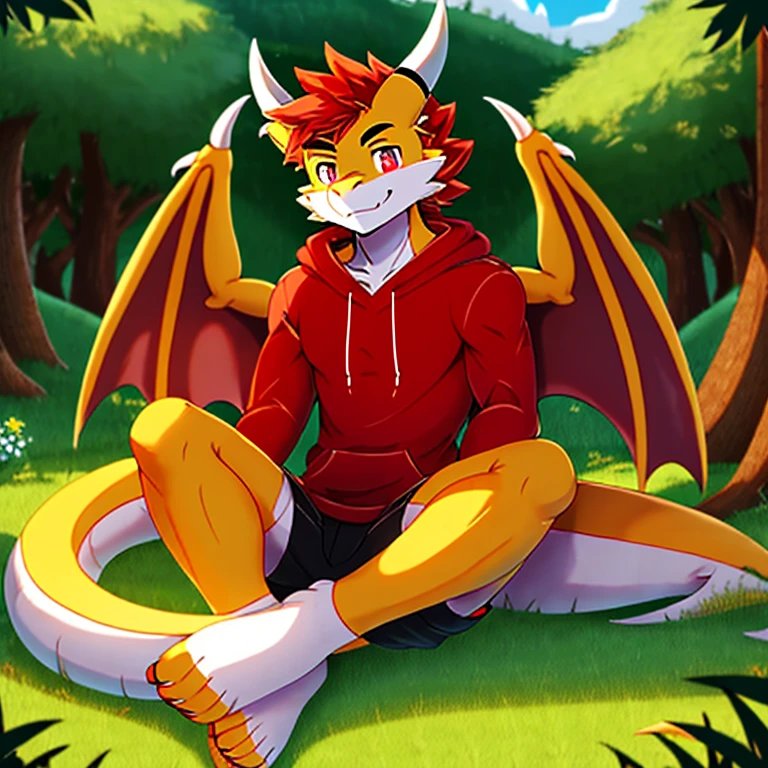 best quality, (masterpiece), (ultra detailed), (high quality), (high resolution), nj5furry, tall handsome sexy yellow dragon, red hair, dragon tail, dragon nose, cute eyes, sitting, hoodie, nature, male, happy, white fur, white body,