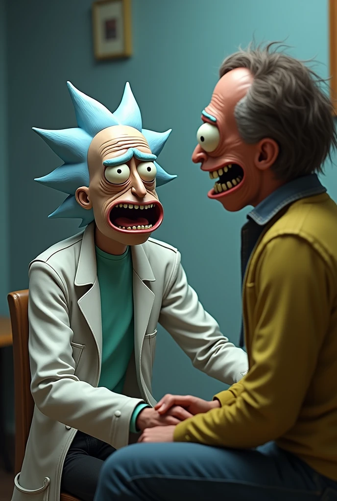 Like, Rick, all messed up, talking to someone with a Panic character mask.
