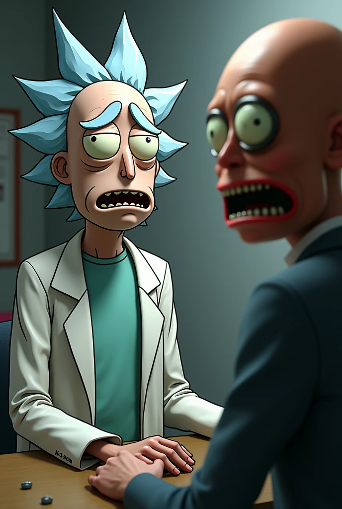 Like, Rick, all messed up, talking to someone with a Panic character mask.