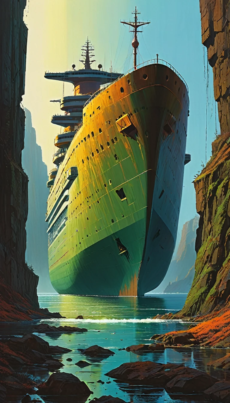 Kneeling at the edge of a rocky cliffside, gazing up at a colossal cruise ship's stern, eerily stranded, teetering on the precipice, its once sleek hull now smothered in vibrant moss, with rust creeping like vines up the decaying metal, as warm, golden sunlight casts long shadows accentuating its imposing presence, in a dreamlike atmosphere reminiscent of Zdislaw Beksinski's dark surrealism, Syd Mead's industrial futurism, and Simon Stalenhag's retro sci-fi, with smooth, blended brushstrokes of airbrushed art, blurring the lines between reality and fantasy.