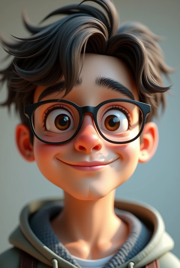 A teenage male with dark brown eyes, with broken hair, thick lips, high, thin and with a nice smile, put on glasses,3d render