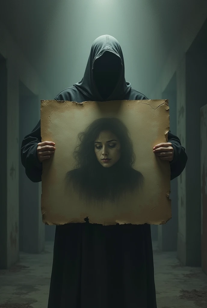 A faceless man and holding large paper photo create