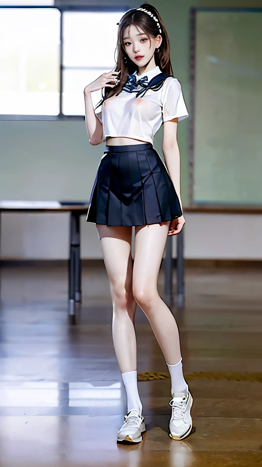 (masterpiece: 1.3), (Maximum resolution: 1.2), (Ultra HD TV: 1.2), Cinema Lights, Ultra HD TV, (Detailed eyes and skin), (Detailed facial features), High resolution, 8k resolution, Sharp focus: 1.2,(Full Body Shot:1.8), Perfect Style, Beautiful Face, Accurate, Anatomically correct, Very detailedな顔と肌の質感, Detailed eyes, Brown eyes, double eyelid, Thin eyebrows, Glitter Eyeliner: 1.2, Natural Cheeks, Glowing Skin, Fair skin: 1.2, Shiny little necklace and earrings, (Glossy Lips: 1.4),((Summer short-sleeved semi-transparent white shirt for student uniforms)) break, First Person View,Wearing the uniform of a Japan girls' high school,(((Chain-patterned see-through ultra-micro mini skirt for student uniforms))), (Fascinating face: 1.2), Pure and cute, (High ponytail, Wavy Hair, Black hair and some colored hair, Diagonal bangs),(Black Loafers),((Short navy blue socks that reach to the ankles)),((Wearing a red student bow tie)), ((No bra)),((Beautiful nipples)),Medium Long Hair, Photographing the whole body from below, ((Stand up straight with your legs together)), Focus on the face, ((Very close relationship: 1.2)), (Slim yet with large breasts), (((In the classroom: 1.2)), ((Standing in a school classroom:1.4)), (Look at me)), (turn the whole body forward:1.2),(Slim figure:1.3),(Sexy long legs:1.3),(Sexy thin legs:1.3),Long hands,Thin hands,Small Ass,セクシーな超Thin thighs,tall,((Height 173cm:1.3)),(Slim and muscular athletics body type:1.3),Slim yet muscular legs,Thin thighs,long thighs,(((High skin exposure))),((セクシーなBare legs)),((Anatomically correct)),high quality, masterpiece, Very detailed, High resolution, 4K, 超High resolution,((He looks just like WONYOUNG from the Korean idol group IVE.:1.8)),Age: 18, ((No pants)), ((((Erect nipples and areolae clearly detailed:1.3)))),Toned thighs,Toned Legs,((Detailed reproduction of the pussy crack)),,Bold erotic pose,((Detailed reproduction of the pussy crack)),((Anatomically correct:1.5)),Small Ass,Super thin and super long legs、細くてLong hands,((超Thin thighs)),((Erect nipples and areolae clearly detailed:1.3)),(((Bare legs:1.3))),(Small Ass),beautiful girl,cute,Tight waist,Detailed reproduction of the crotch area,(((No tights:1.4))),(((Photograph the whole body:1.9))),Inseam is half the height,((See-through ultra-mini skirt for high school uniforms))