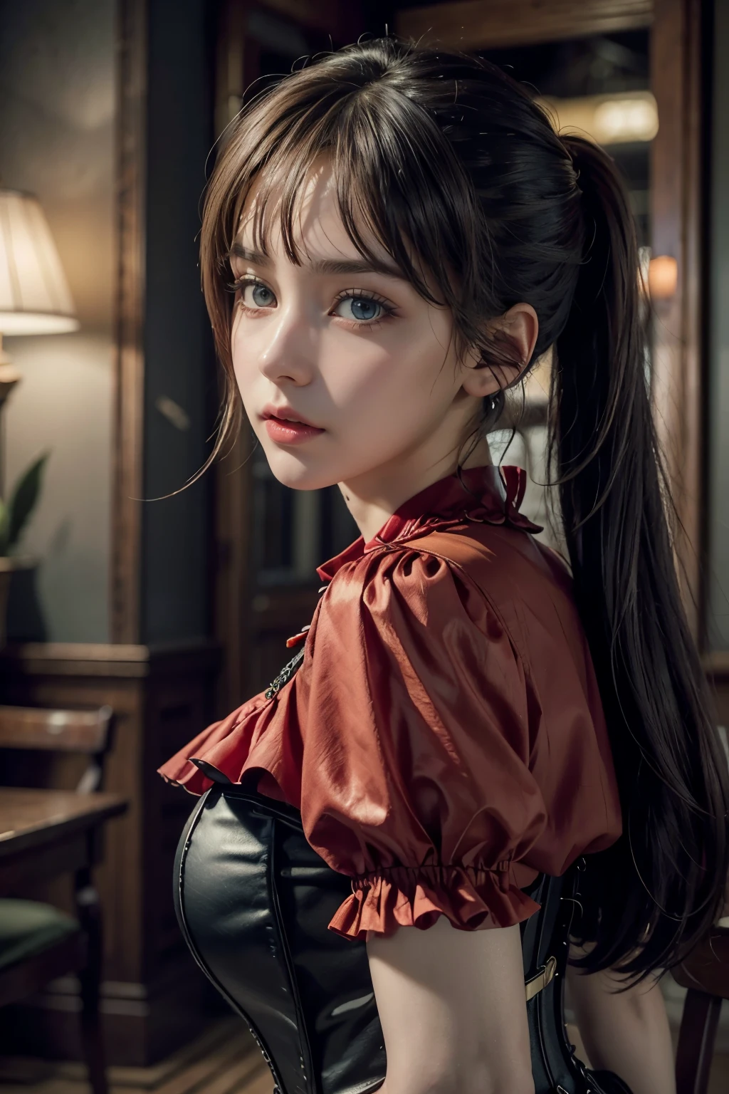 8K,((masterpiece)), ((best quality)), (ultra-detailed), High detail, professional photograph, highest quality, floating hair, beautiful detailed, (((realistic))), hyper realistic character,natural lighting ,beautiful detailed eyes,1girl, solo,blunt bangs, realistic,a girl with a large bust, her blouse is about to burst from her large breasts, ponytail, bangs, thick thighs, beautiful detailed eyes, beautiful detailed lips, extremely detailed eyes and face, long eyelashes, , ((red corset blouse)), ((red blouse)), (black pleated skirt), thigh-high socks, suspenders, photo-realistic, 8k, vivid colors, masterpiece, anime, cinematic lighting, soft focus, (from side:1.4)