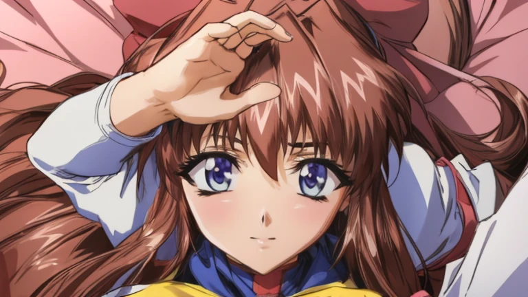 (Anime artwork, Anime Style, Studio Anime, Very detailed, up to date, Vibrant, Anime Coloring Book, High Contrast, masterpiece:1.2, Highest quality, Best aesthetics), (Beautiful and detailed:1.2), Aoikan, 1 person, Hair Ribbon, school uniform, Long sleeve, bow tie, Blue Skirt,Big Breasts, blush, A cute smile, mouth open, lying on a pink bed., Pink Good, From above, Roll up your skirt, Skirt Lift, Pink Panties,No pants,White high knee socks,Two Arms