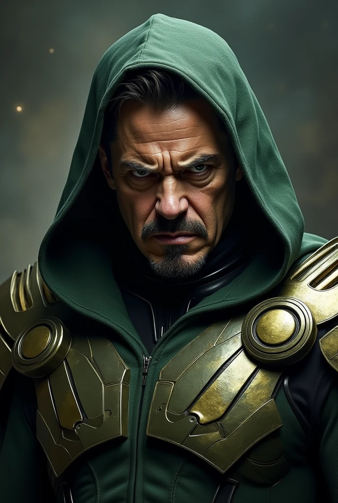 Robert Downey jr's face in dr. doom's costume,no mask in face,angry expression