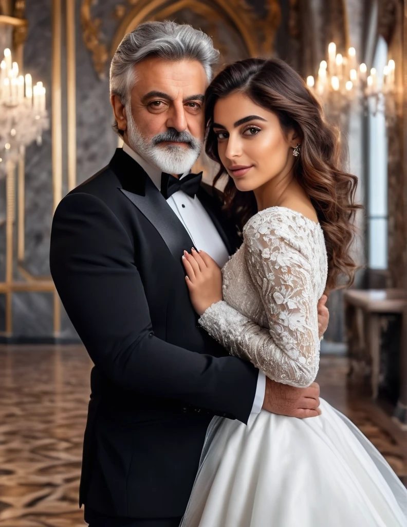 (fullbody photo:2.0) of father and daughter embracing in a ballroom: (a 25-year-old iranian woman, brown skin, triangular shaped face, brown eyes, long wavy hair, dark brown hair, busty, wearing a white winter wedding dress, long sleeves), embracing (a burly 65-year-old iranian man, brown skin,square shaped face, short full beard, brown eyes, short hair, grey hair, burly body, wearing a black elegant suit), in a ballroom of an enchanted castle, winter, (8k, photorealistic, RAW photo, best quality:1.4),