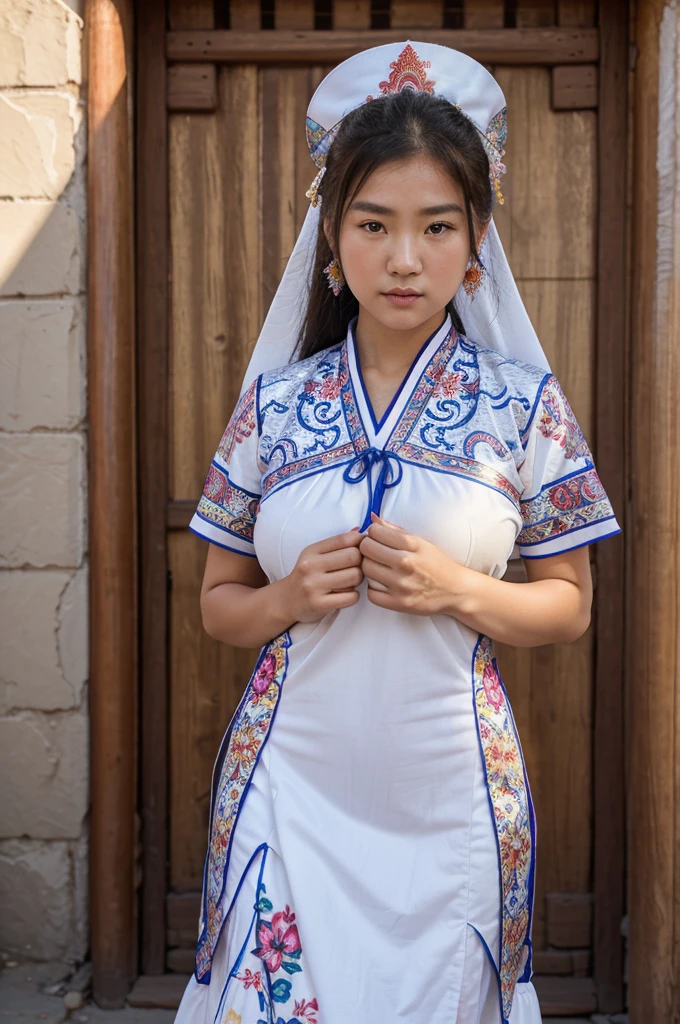 Create an image of a Mongolian girl in traditional clothing with many colorful brocade patterns, her face is smooth and her skin is beautiful white, she is wearing a low-cut dress revealing her big breasts, she is standing outdoors and looking straight at the camera