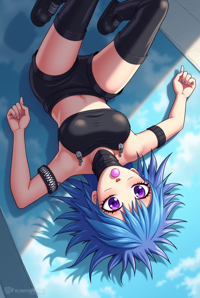 In a playful yet dynamic anime-style scene, the woman with spiky blue hair and striking purple eyes is lying on her back, casually blowing a bubble with her gum. She’s upside down, adding a sense of rebellious charm to her demeanor. She wears a black tube top crop top with turtleneck details, paired with black sport shorts and thigh-high combat boots, which add to her edgy appearance. The scene captures her laid-back attitude and confident aura, with her spiky hair accentuating her fierce, carefree style. The background complements her nonchalant pose, highlighting her unique blend of strength and coolness as she effortlessly commands attention.