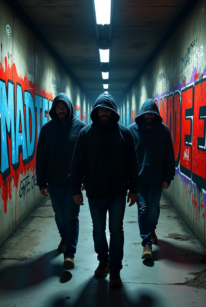 Dark subway tunnel with 90s graffiti that says MAD RED, 3 bearded men in hoods whose faces are not visible walking, one is fat, He weighs 140 lbs, the other two are thin