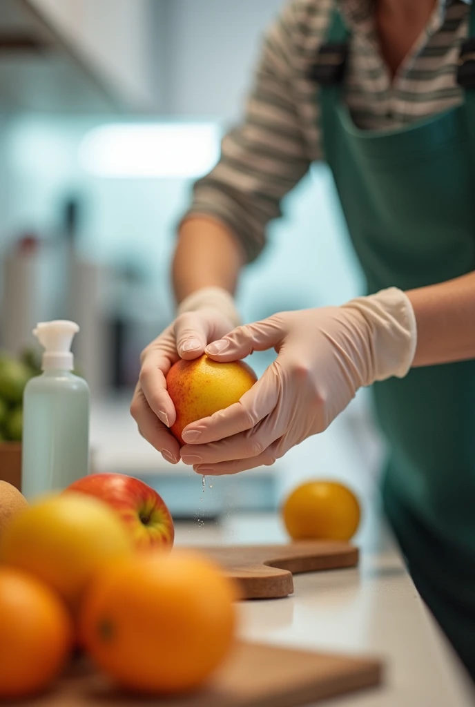 A person disinfecting a fruit