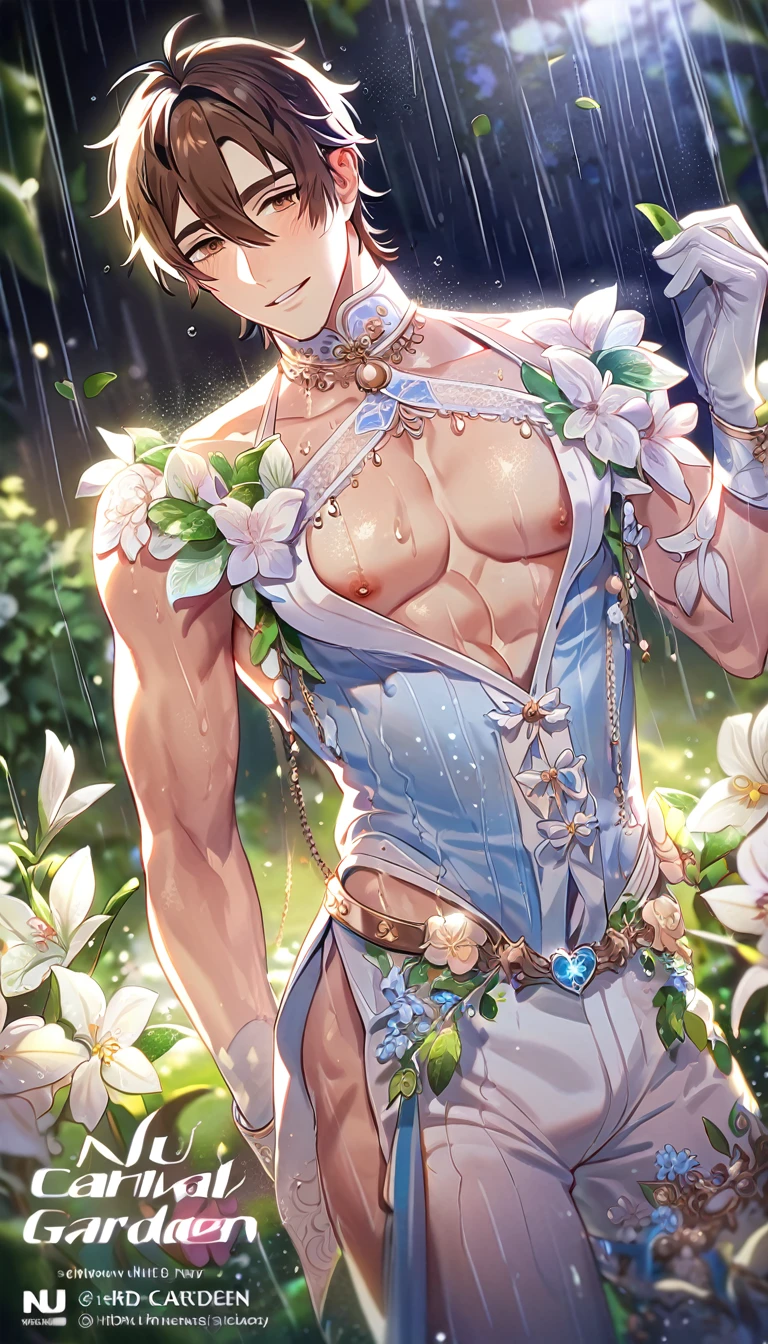 absurdres, highres, ultra detailed, HDR, master piece, best quality, extremely detailed, detailed eyes, Eiden, brown hair, expressive brown eyes, Nu Carnival, solo, sexy man, handsome, horny, lewd, fantasy, accessories, light-blue dress, long white gloves, Cinderella, spring, flowers, green leaves, magical garden, white fantasy, rain, night
