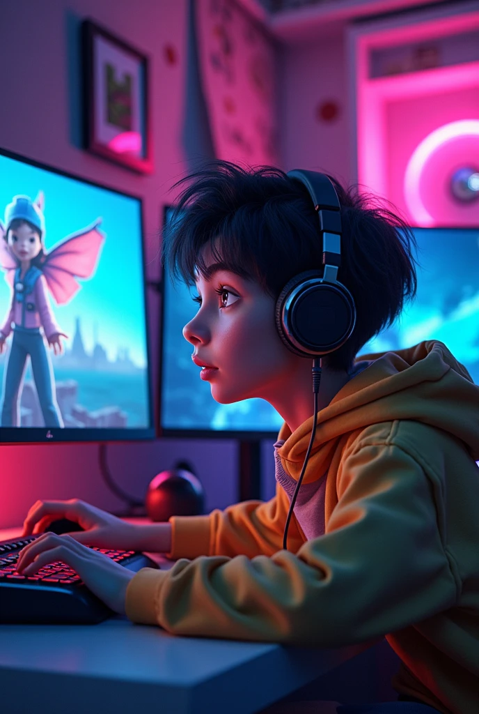 Create an image of a young avatar in a gamer room