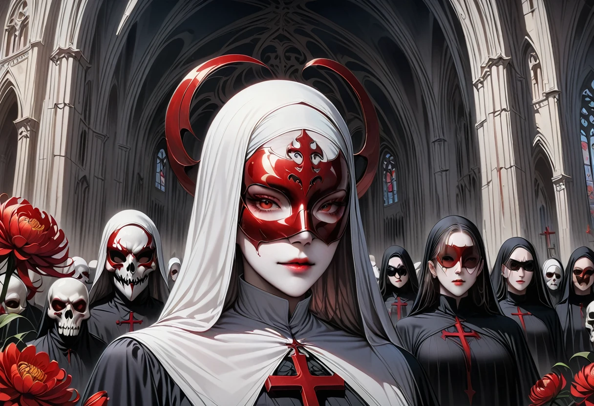 (best quality,4K,8K,high resolution,masterpiece:1.2),Super detailed,(actual,photoactual,photo-actual:1.37),Giant cross：1.37，Spacious church,Beautiful nun,black robe，(meticulously made,Gorgeous) mask,Demons around,skull,bloody,red lily,red chrysanthemum,flame,Light.bloody，blood stains，，flame，