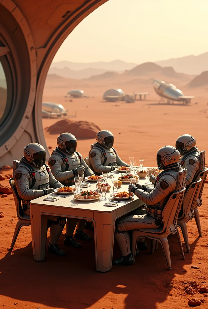 In a vast desert, there is an elegantly set dining table, with a fluttering white towel, silver candlesticks, fine china plates and crystal glasses. Ao redor da mesa, sitting on classic wooden chairs, are surreal figures: an astronaut in his full suit, a mermaid with her tail wrapped around the chair, and an old steampunk style robot. Above them, the desert sky is painted with a vibrant aurora borealis in shades of green, blue and purple, creating a magical contrast with the arid environment. over the horizon, ao longe, a futuristic city glowing with neon lights is partially buried in the sand dunes.
This combination of futuristic elements, fantastic and elegant, in a desert setting, would be visually striking and loaded with symbolism, generating curiosity and admiration among viewers.