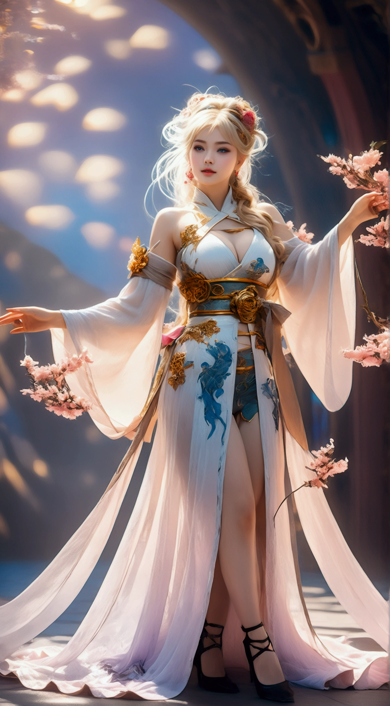1 beautiful girl in Han costume, white huge breasts, slim waist, purple fishnet socks, chinese hanfu style, fictional art texture, colorful bright and realistic, RAW Photo, Realistic Photo, ultra high quality 8k surreal photo, (effective fantasy light effect: 1.8), 10x pixels, magical effect (Background): 1.8), ultradetailed eyes, close up shot, dynamic pose, leaning forward