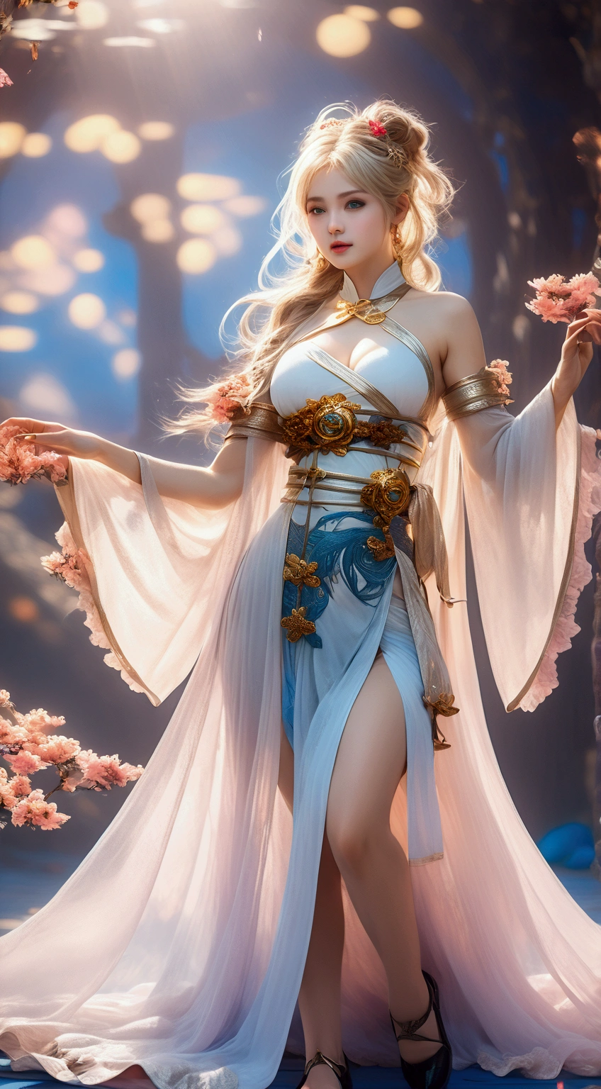 1 beautiful girl in Han costume, white huge breasts, slim waist, purple fishnet socks, chinese hanfu style, fictional art texture, colorful bright and realistic, RAW Photo, Realistic Photo, ultra high quality 8k surreal photo, (effective fantasy light effect: 1.8), 10x pixels, magical effect (Background): 1.8), ultradetailed eyes, close up shot, dynamic pose, leaning forward