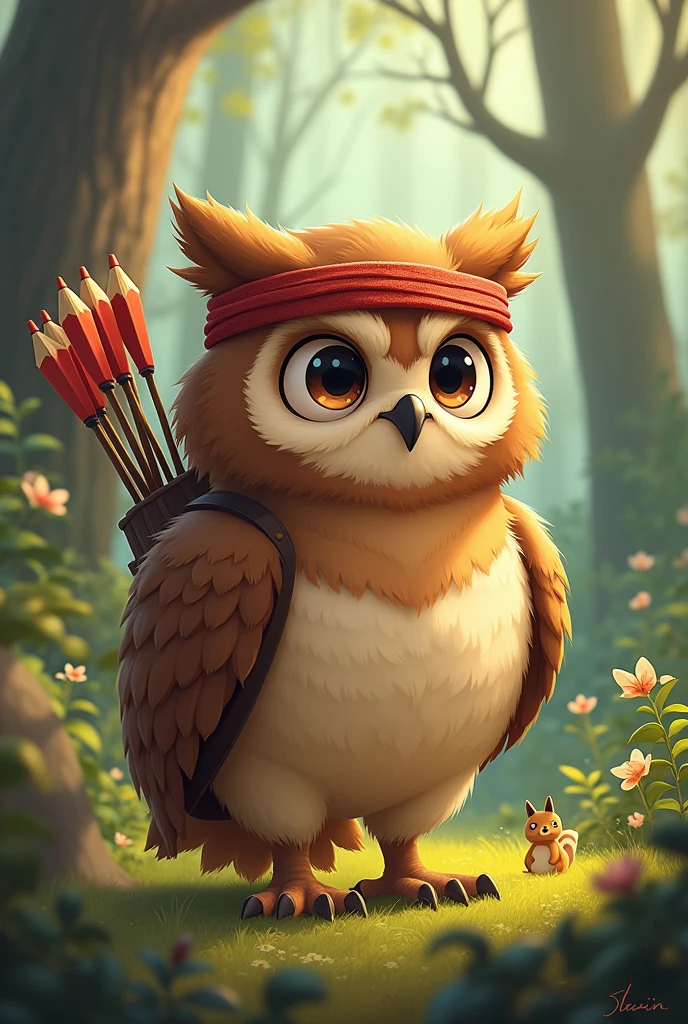 Is there a Rambo version in owl style, cartoon-like?, Personify it as if it were a man owl. Make it cuter. Even more tender