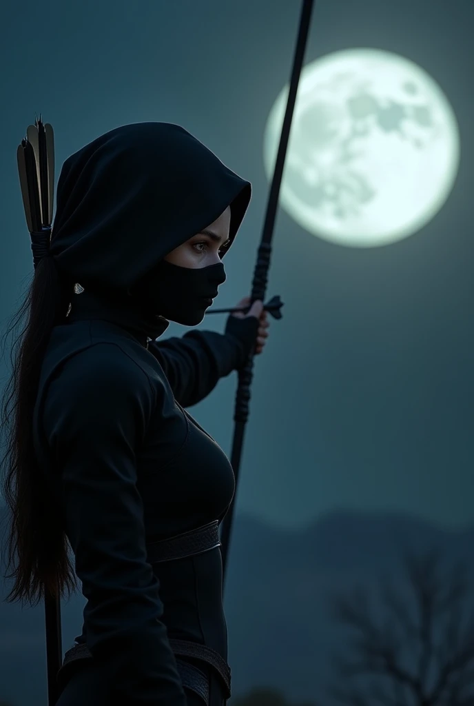 Close-up from aside A hyper-realistic image of a woman wearing like a ninja that covered her head, nose and her mouth shooting an arrow. It's dark at night. The ninja is aiming the arrow at the moon in front of her from a distance. The image should be taken at aside and ficus to her face, and the arrow. The arrow is pointed to the moon. Full moon.