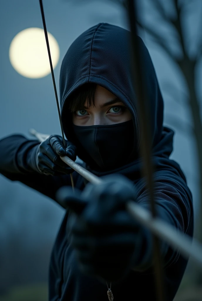 Close-up from aside A hyper-realistic image of a woman wearing like a ninja that covered her head, nose and her mouth shooting an arrow. It's dark at night. The ninja is aiming the arrow at the moon in front of her from a distance. The image should be taken at aside and ficus to her face, and the arrow.  The arrow is pointed to the moon. Full moon. 