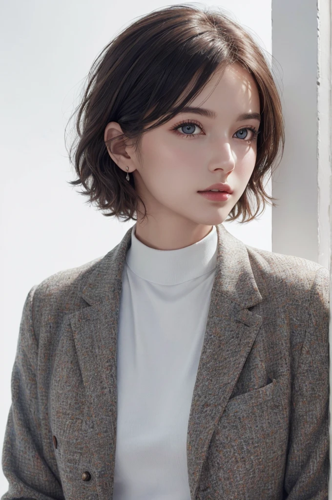 8K Ultra HD、RAWphotograph、モデルphotograph撮影、 European Fashion、(masterpiece、Highest quality、Realistic、High resolution、photograph:1.3)、close、focus on、Hot Model、slim、30 year old mature woman、Small face、No makeup、short hair、Beautiful dark brown Hayne eyes、Genuineスキン、(Perfect body)、Sexy hot face、sexual sight、slim、Tweed jacket、Long sleeve、High neck shirt、Button up,Beautiful eyes in every detail、Glossy lips、((Bright light、Dynamic Lighting、Genuine、超Genuine、 realism、Genuineなディテール、Cool Beauty、Cool pose、Background white、Plain white background
