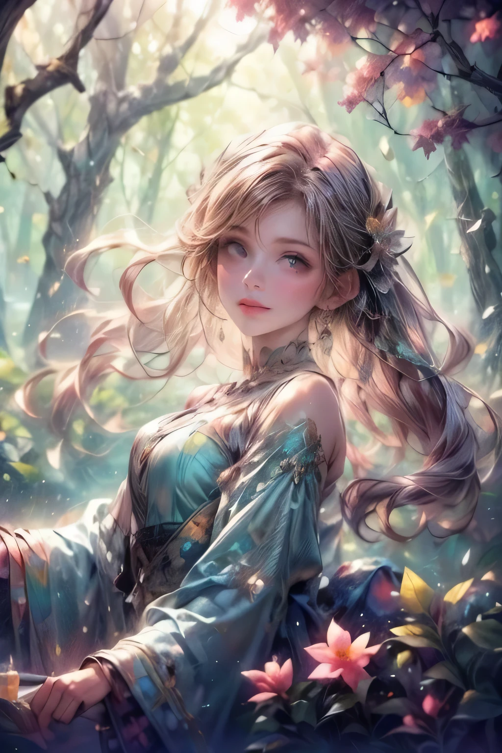 a cute girl in a mysterious foggy forest, 1girl, flower, solo, hair ornament, jewelry, hair flower, earrings, looking at viewer, dress, long pink hair, detailed eyes, detailed lips, extremely detailed face, longeyelashes, fantasy, atmospheric, cinematic lighting, dramatic, surreal, dreamlike, vibrant colors, digital art, concept art, masterpiece, photorealistic, 8k, best quality