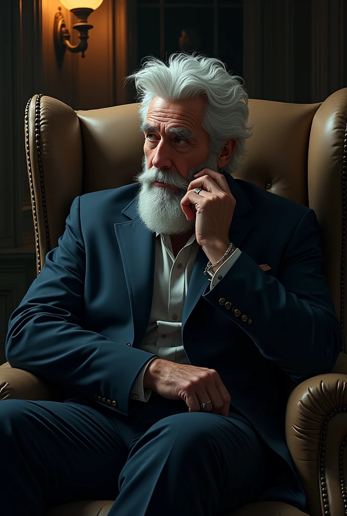 Um homem blacksad e jovem na faixa dos 40 anos com aspecto jovem com cabelo branco e barba branca, blacksad, wearing a suit, sitting in an armchair in a position of power "PENSATIVE" leaning forward, supporting the chin with the hand 